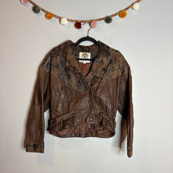 American Vintage Jackets & Blazers - Vtg brown snakeskin leather belted bomber jacket